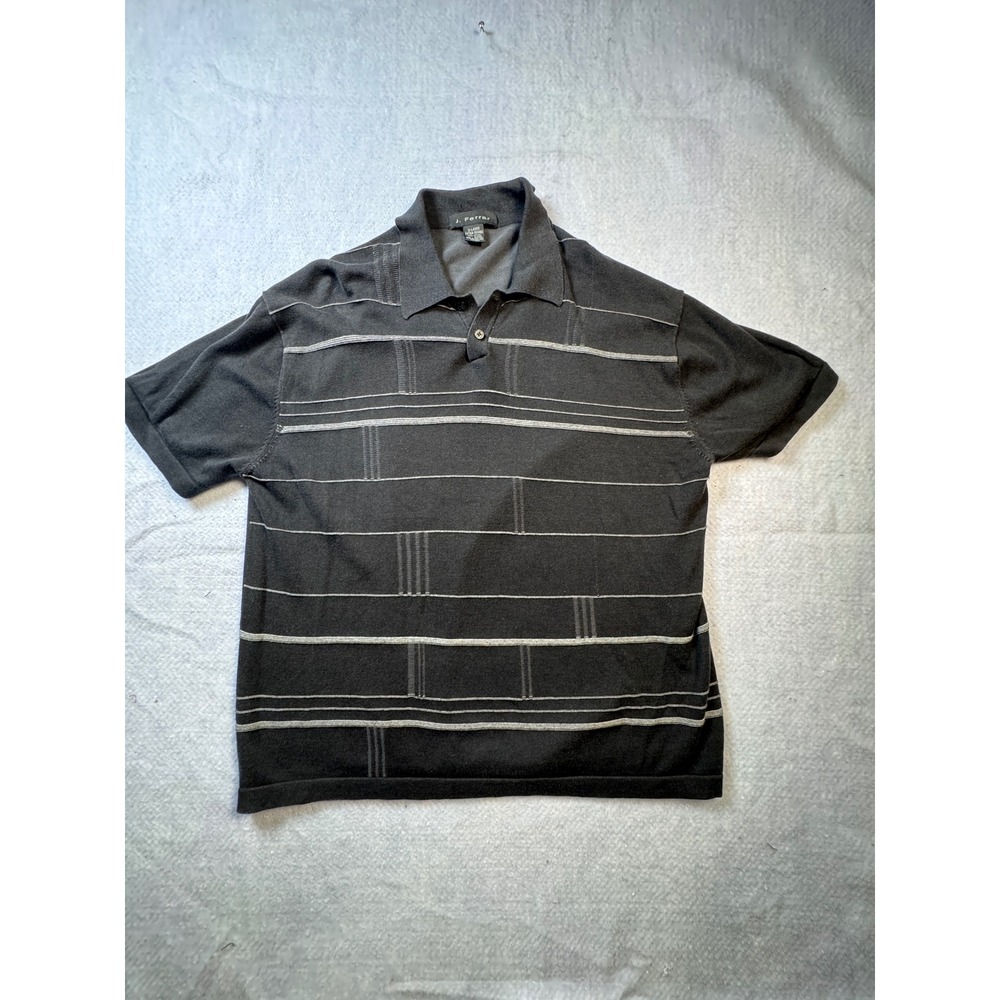 J. Ferrar Mens XL Black Striped Knit Polo Shirt Short SLV 100% Cotton Textured